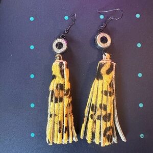 Leopard Print Cow Hair tassel earrings with bullet casings.